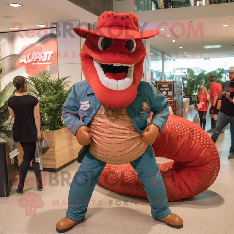 Red Titanoboa mascot costume character dressed with a Flare Jeans and Suspenders Red Titanoboa mascot costume character dressed with a Flare Jeans and Suspenders