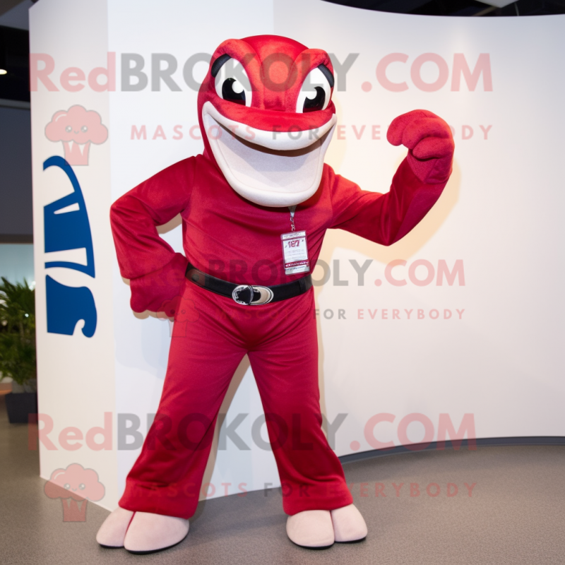 Red Titanoboa mascot costume character dressed with a Flare Jeans and Suspenders