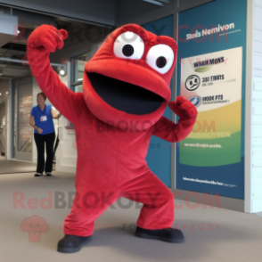 Red Titanoboa mascot costume character dressed with a Flare Jeans and Suspenders