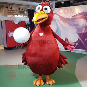 Maroon Seagull mascot costume character dressed with a Ball Gown and Foot pads