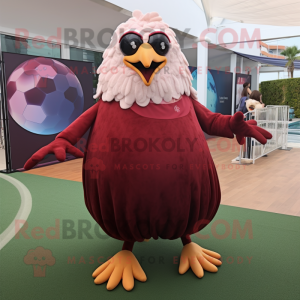Maroon Seagull mascot costume character dressed with a Ball Gown and Foot pads