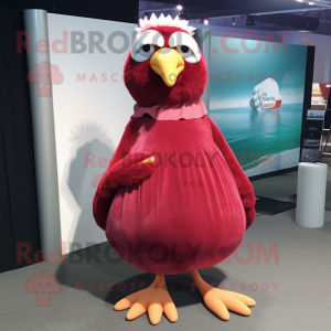 Maroon Seagull mascot costume character dressed with a Ball Gown and Foot pads