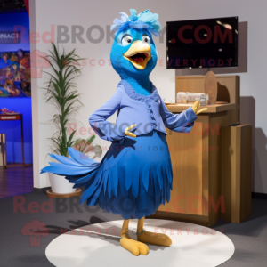 Blue Chicken mascot costume character dressed with a Maxi Skirt and Lapel pins