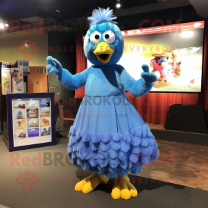 Blue Chicken mascot costume character dressed with a Maxi Skirt and Lapel pins