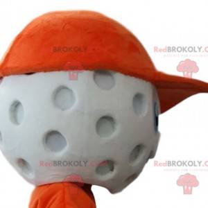 Cabeza de mascota de pelota de golf con gorra naranja. -