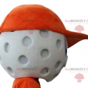 Golfball Maskottchenkopf mit orangefarbener Kappe. -