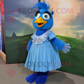 Blue Chicken mascot costume character dressed with a Maxi Skirt and Lapel pins