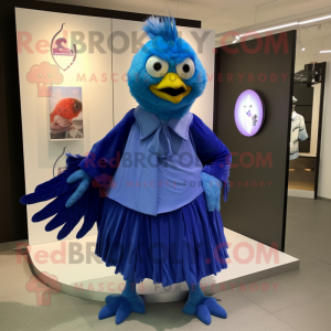 Blue Chicken mascot costume character dressed with a Maxi Skirt and Lapel pins