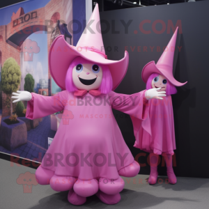 Pink Witch mascot costume character dressed with a Romper and Cummerbunds