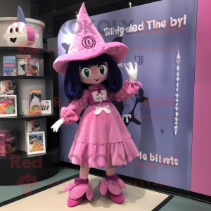 Pink Witch mascot costume character dressed with a Romper and Cummerbunds