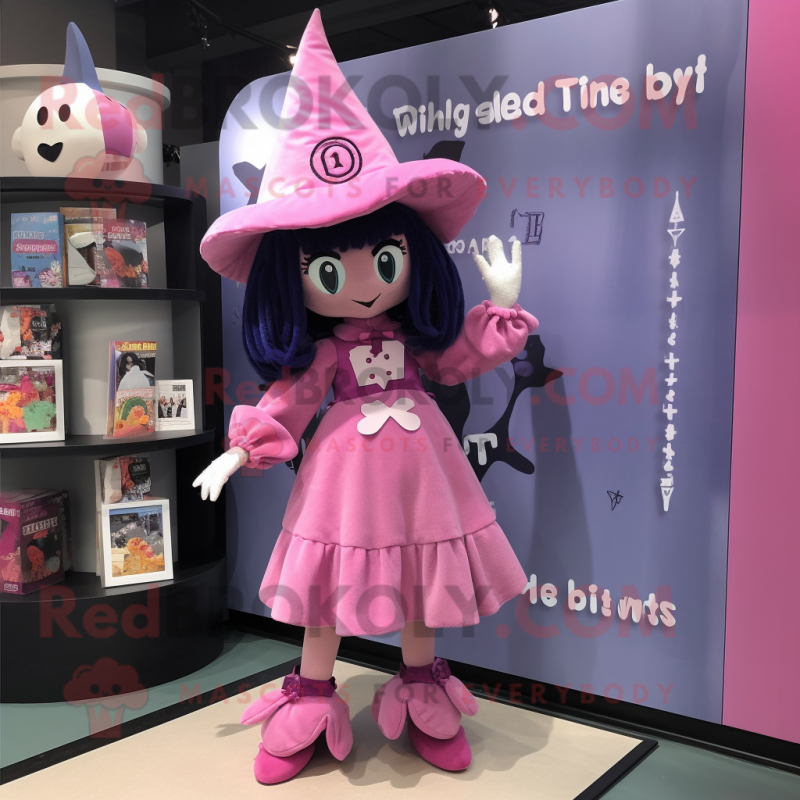 Pink Witch mascot costume character dressed with a Romper and Cummerbunds Pink Witch mascot costume character dressed with a Romper and Cummerbunds