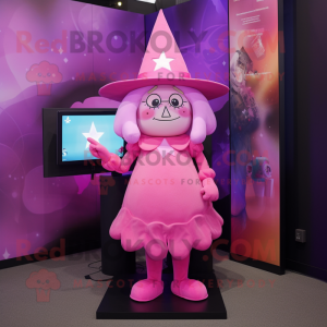 Pink Witch mascot costume character dressed with a Romper and Cummerbunds