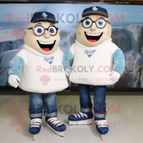 Cream Pair Of Ice Skates mascot costume character dressed with a Jeans and Eyeglasses