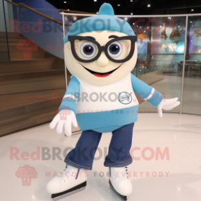 Cream Pair Of Ice Skates mascot costume character dressed with a Jeans and Eyeglasses
