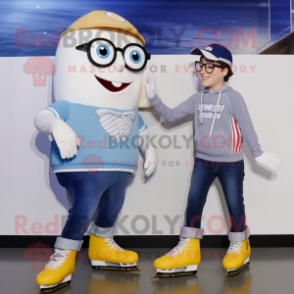 Cream Pair Of Ice Skates mascot costume character dressed with a Jeans and Eyeglasses