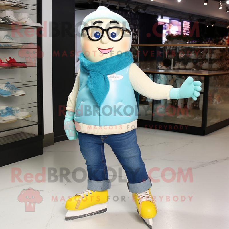 Cream Pair Of Ice Skates mascot costume character dressed with a Jeans and Eyeglasses