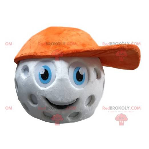 Cabeza de mascota de pelota de golf con gorra naranja. -