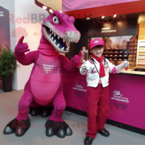 Magenta Spinosaurus mascot costume character dressed with a Dungarees and Ties