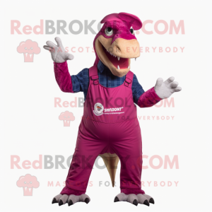 Magenta Spinosaurus mascot costume character dressed with a Dungarees and Ties