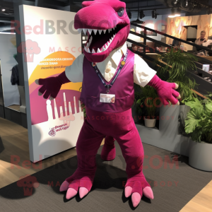Magenta Spinosaurus mascot costume character dressed with a Dungarees and Ties