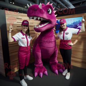 Magenta Spinosaurus mascot costume character dressed with a Dungarees and Ties