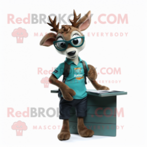 Teal Deer mascot costume character dressed with a Cargo Pants and Reading glasses