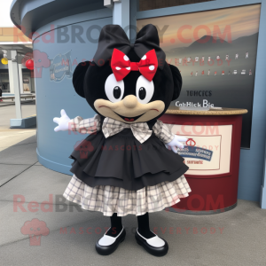 Black Clam Chowder mascot costume character dressed with a Skirt and Bow ties