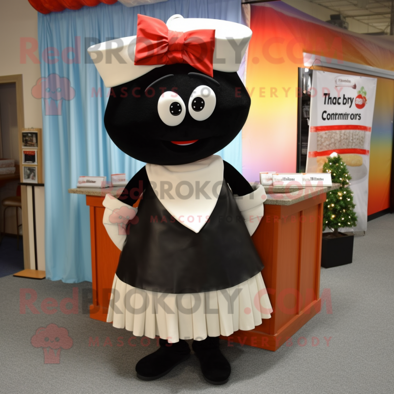 Black Clam Chowder mascot costume character dressed with a Skirt and Bow ties