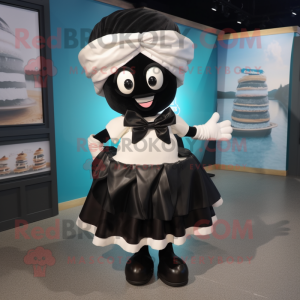 Black Clam Chowder mascot costume character dressed with a Skirt and Bow ties