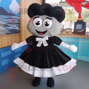 Black Clam Chowder mascot costume character dressed with a Skirt and Bow ties