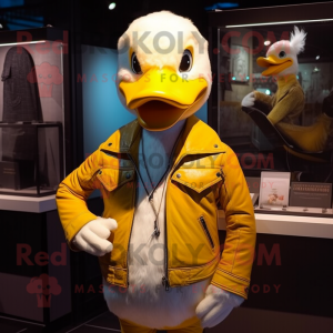 Yellow Swans mascot costume character dressed with a Leather Jacket and Scarves