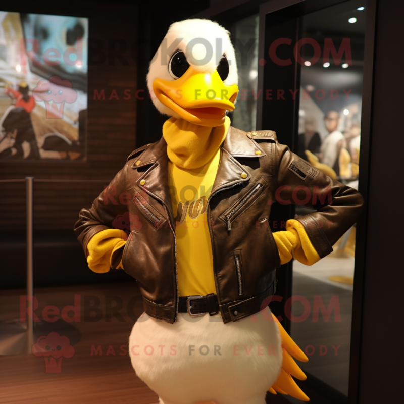 Yellow Swans mascot costume character dressed with a Leather Jacket and Scarves