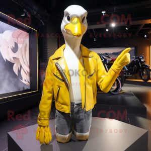 Yellow Swans mascot costume character dressed with a Leather Jacket and Scarves