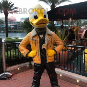 Yellow Swans mascot costume character dressed with a Leather Jacket and Scarves