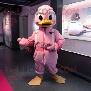 Pink Goose mascot costume character dressed with a Jacket and Mittens