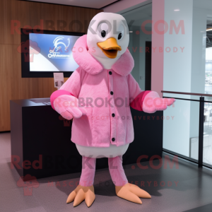 Pink Goose mascot costume character dressed with a Jacket and Mittens