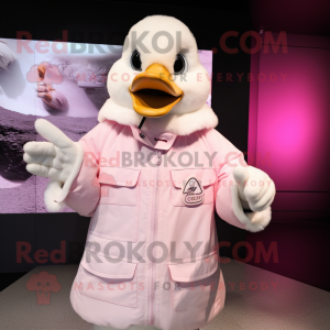 Pink Goose mascot costume character dressed with a Jacket and Mittens