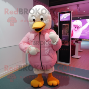 Pink Goose mascot costume character dressed with a Jacket and Mittens