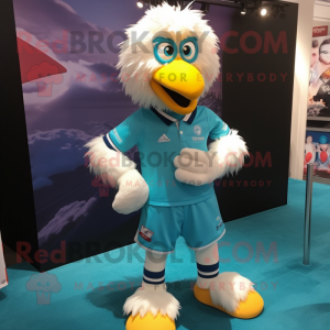 Teal Fried Chicken mascot costume character dressed with a Rugby Shirt and Shoe laces