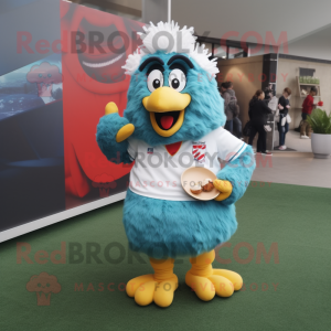 Teal Fried Chicken mascot costume character dressed with a Rugby Shirt and Shoe laces