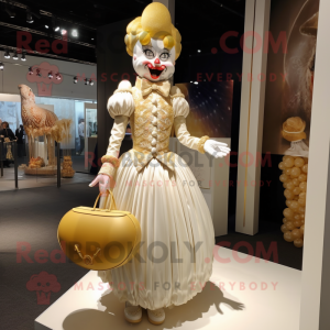 Gold Clown mascot costume character dressed with a Wedding Dress and Handbags