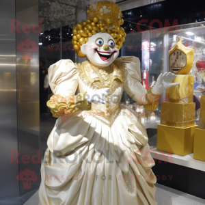 Gold Clown mascot costume character dressed with a Wedding Dress and Handbags