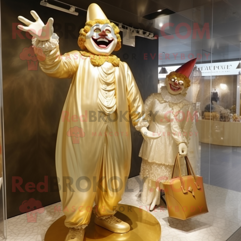 Gold Clown mascot costume character dressed with a Wedding Dress and Handbags Gold Clown mascot costume character dressed with a Wedding Dress and Handbags