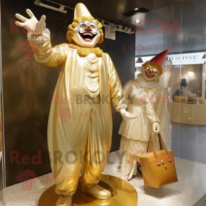 Gold Clown mascot costume character dressed with a Wedding Dress and Handbags