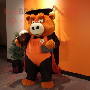 Orange Bison mascot costume character dressed with a Tuxedo and Coin purses