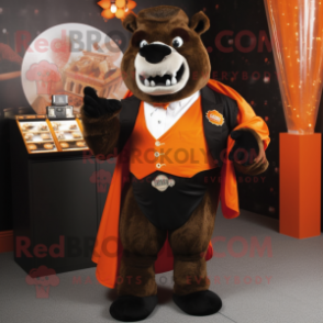 Orange Bison mascot costume character dressed with a Tuxedo and Coin purses