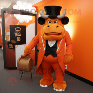 Orange Bison mascot costume character dressed with a Tuxedo and Coin purses