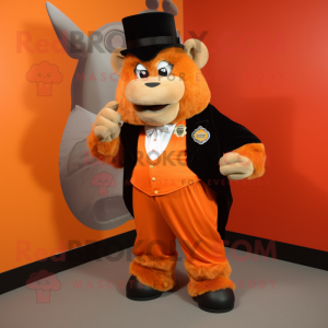 Orange Bison mascot costume character dressed with a Tuxedo and Coin purses