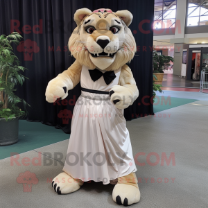 Beige Saber-Toothed Tiger mascot costume character dressed with a Empire Waist Dress and Bow ties