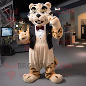 Beige Saber-Toothed Tiger mascot costume character dressed with a Empire Waist Dress and Bow ties